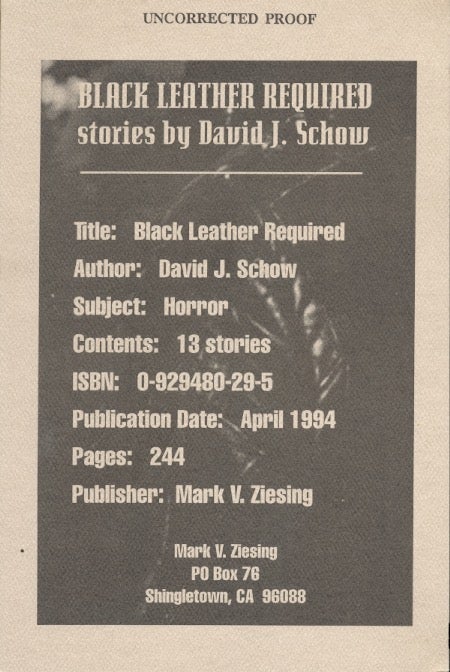Item #21254 Black Leather Required. David J. Schow.