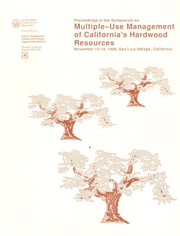 Item #59500 Proceedings of the Symposium on Multiple-Use Management of California's Hardwood Resources: General Technical Report PSW-100. Timothy R. Plumb, Norman H. Pillsbury.
