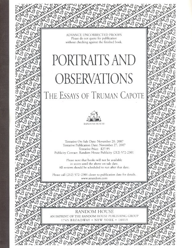 Item #62460 Portraits and Observations: The Essays of Truman Capote. Truman Capote.